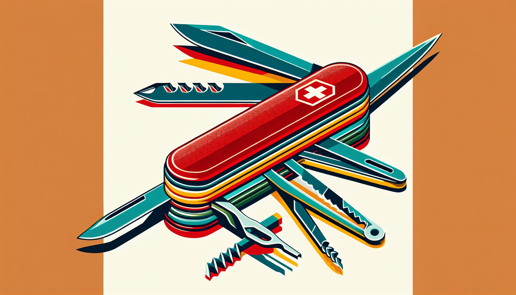 Swiss Army Knife in flat illustration style and white background, red #f47574, green #88c7a8, yellow #fcc44b, and blue #645bc8 colors.