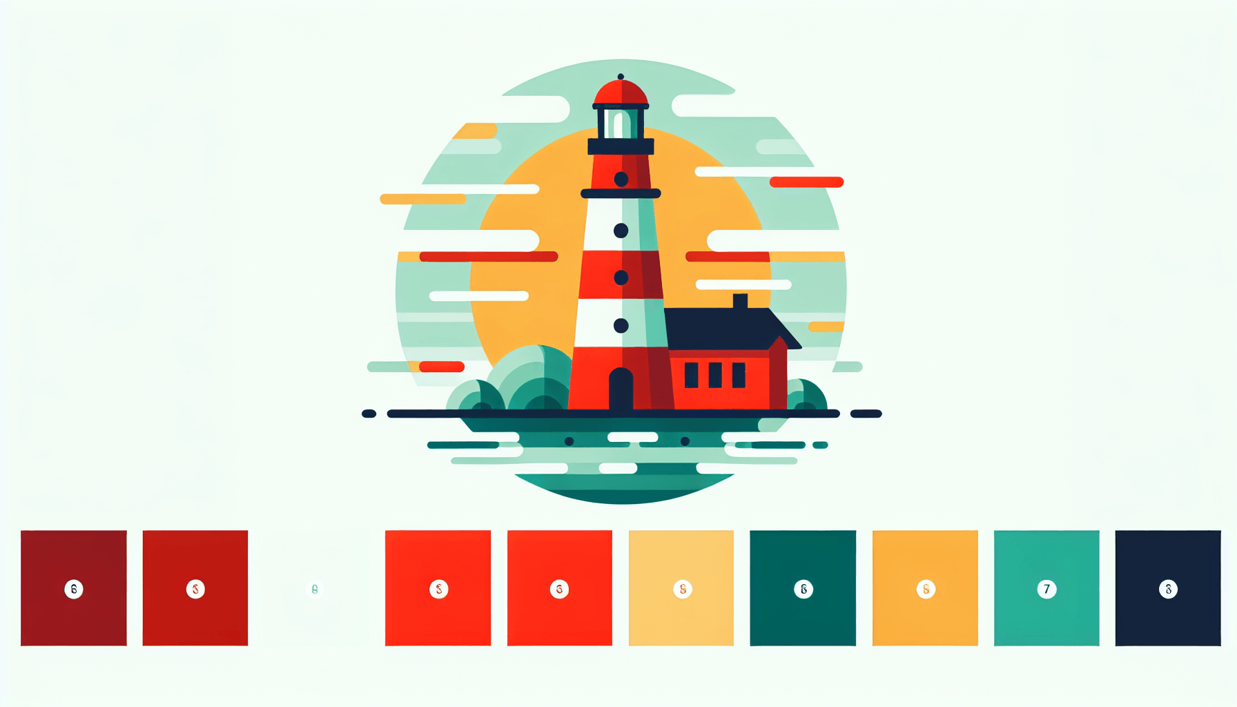 Lighthouse in flat illustration style and white background, red #f47574, green #88c7a8, yellow #fcc44b, and blue #645bc8 colors.