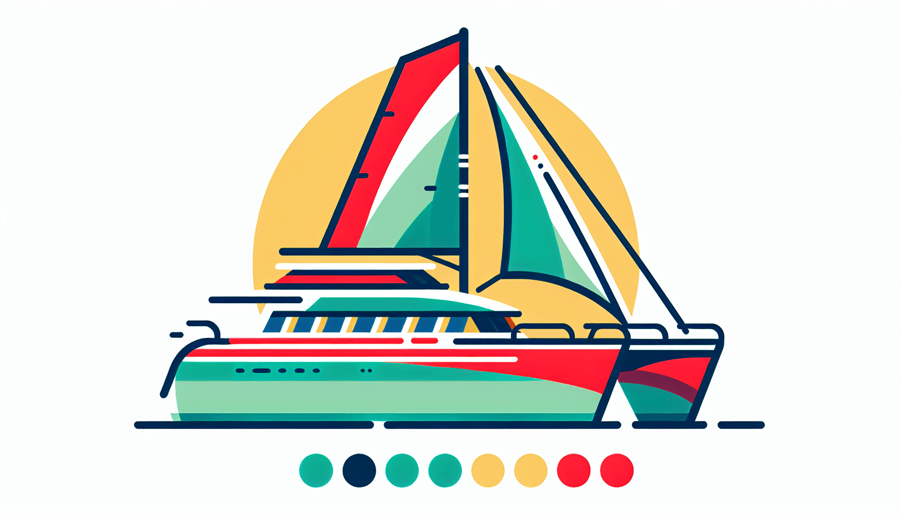 Catamaran in flat illustration style and white background, red #f47574, green #88c7a8, yellow #fcc44b, and blue #645bc8 colors.