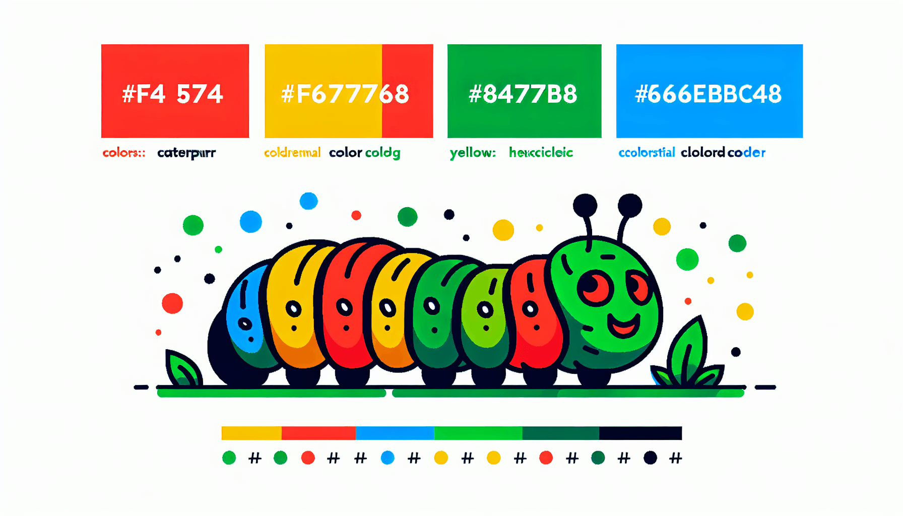 Caterpillar in flat illustration style and white background, red #f47574, green #88c7a8, yellow #fcc44b, and blue #645bc8 colors.