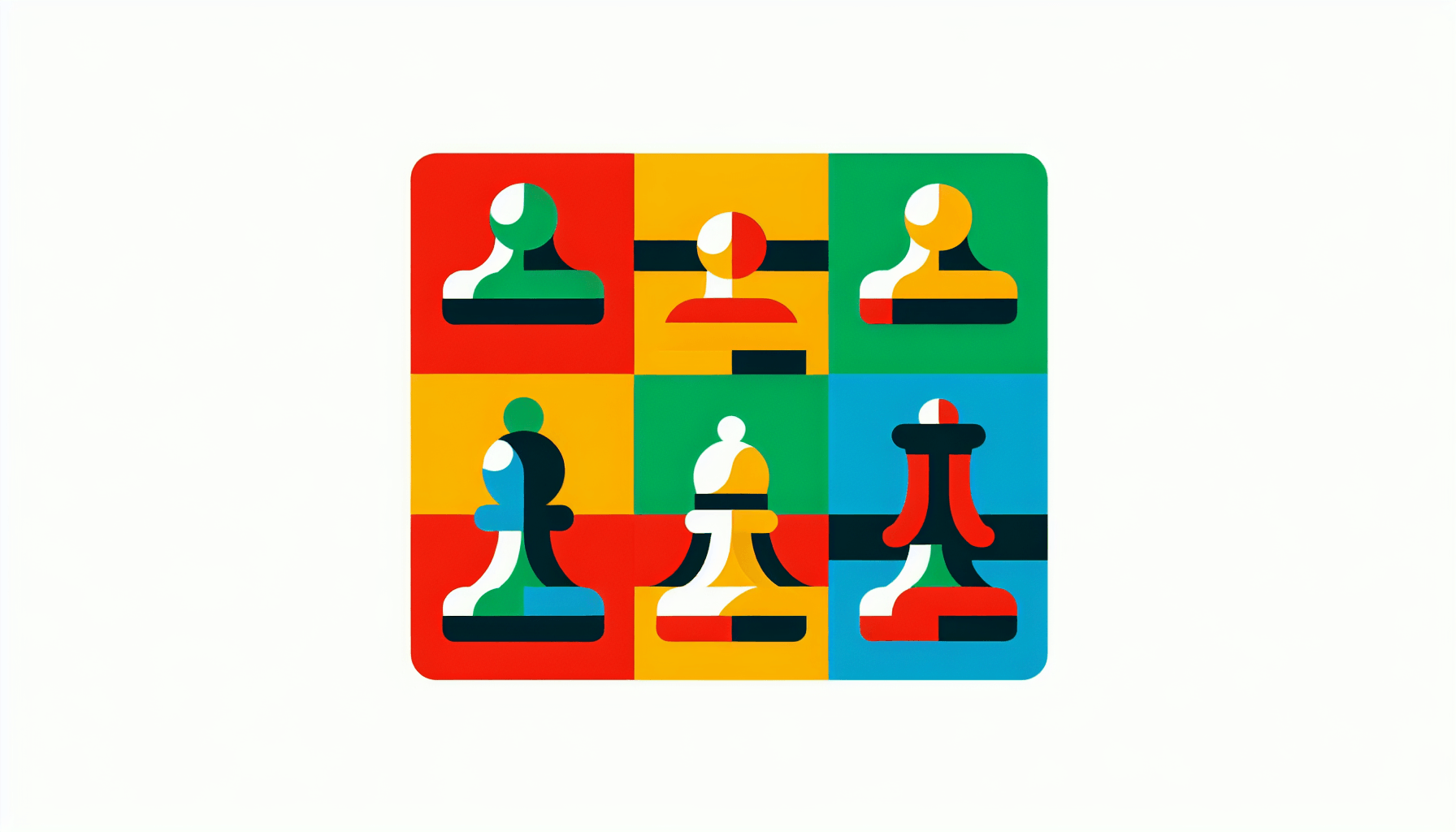 Chessboard in flat illustration style and white background, red #f47574, green #88c7a8, yellow #fcc44b, and blue #645bc8 colors.