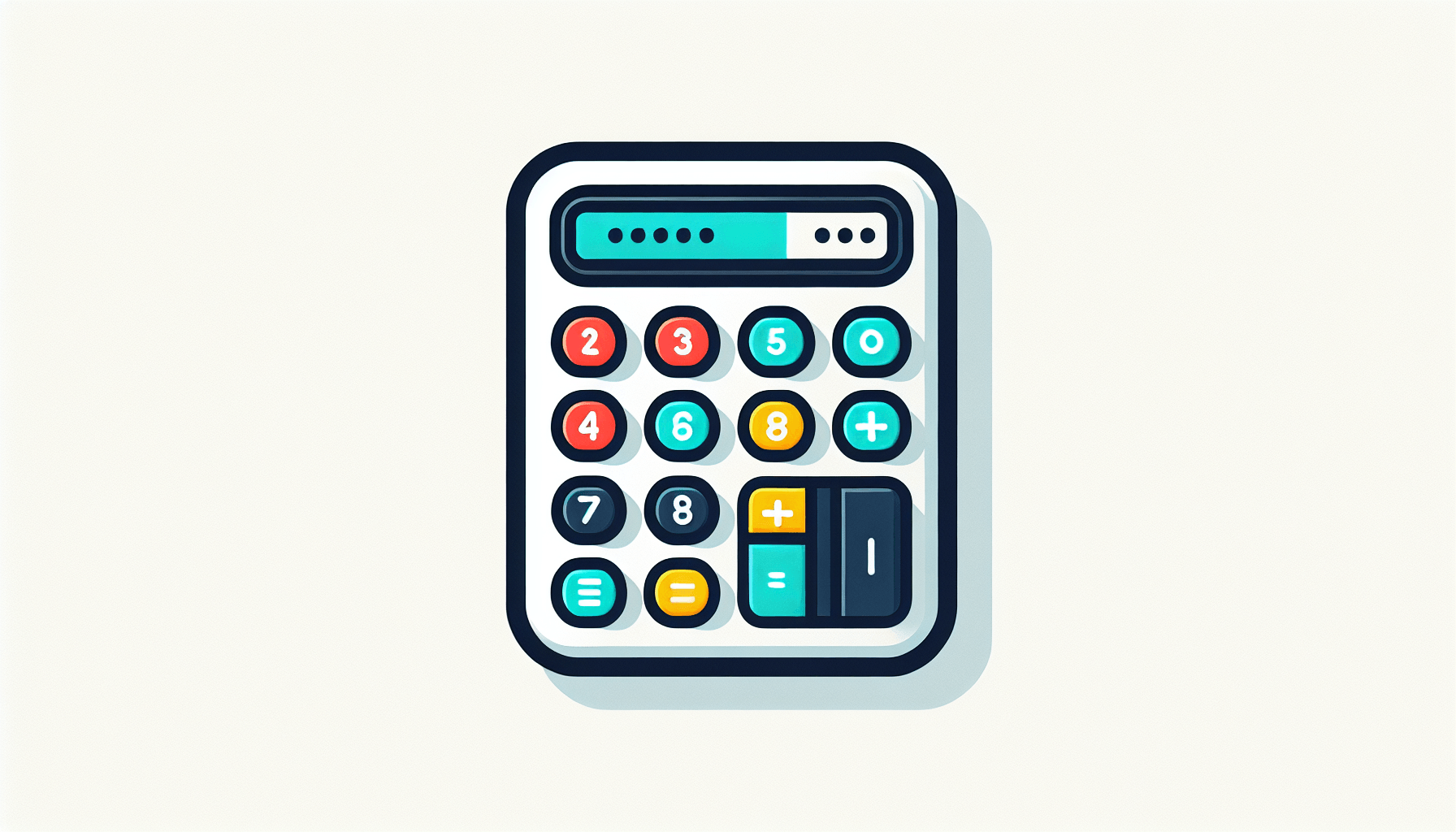Calculator in flat illustration style and white background, red #f47574, green #88c7a8, yellow #fcc44b, and blue #645bc8 colors.