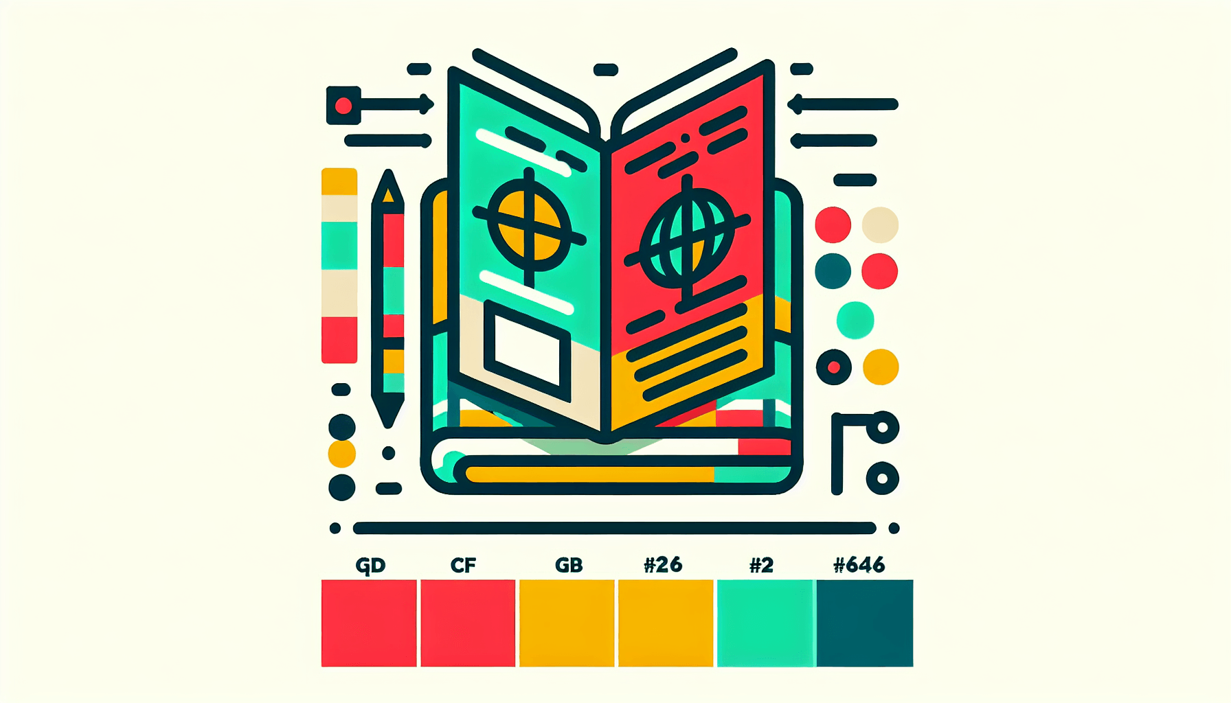 Guidebook in flat illustration style and white background, red #f47574, green #88c7a8, yellow #fcc44b, and blue #645bc8 colors.