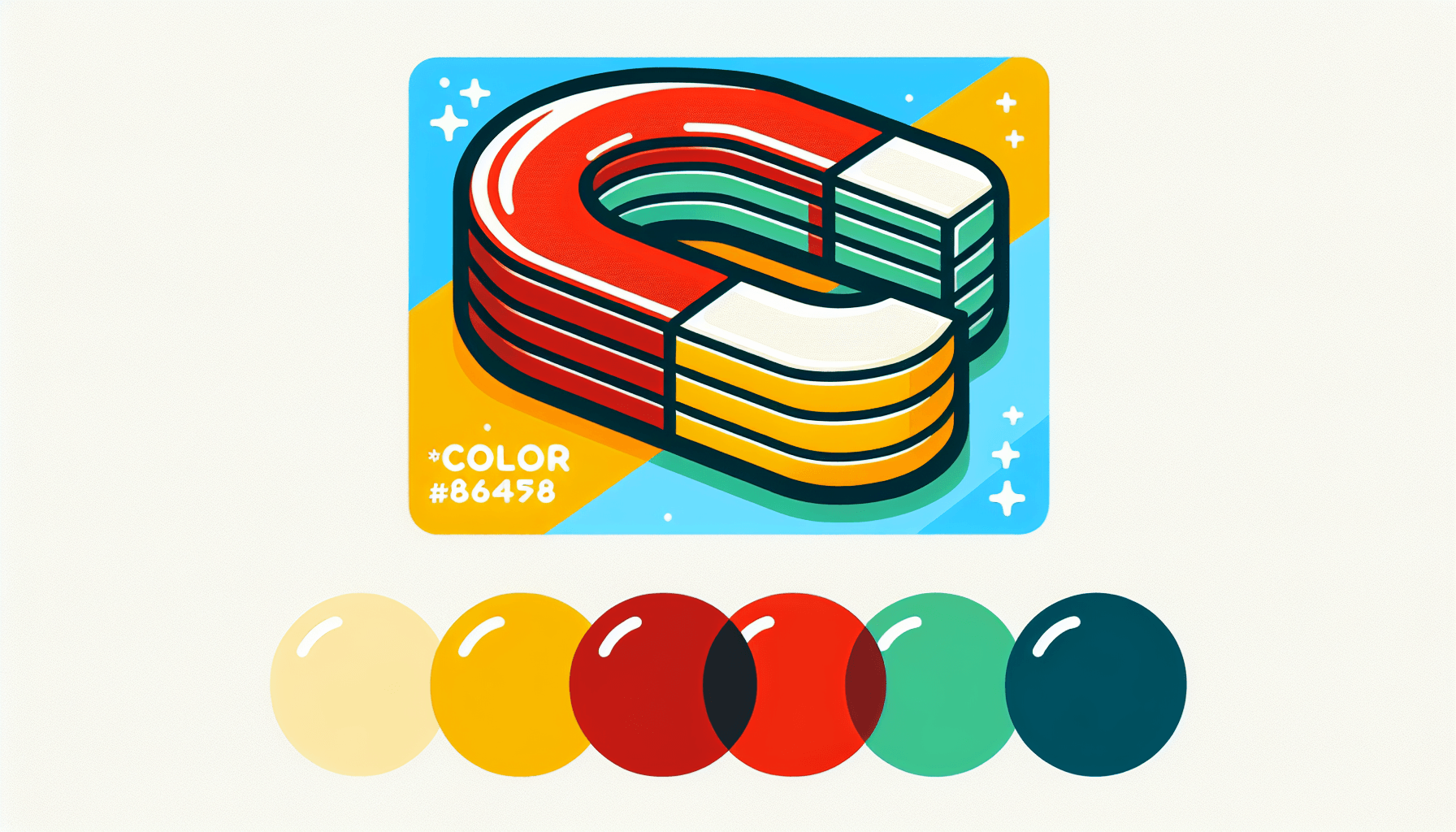 Magnet in flat illustration style and white background, red #f47574, green #88c7a8, yellow #fcc44b, and blue #645bc8 colors.