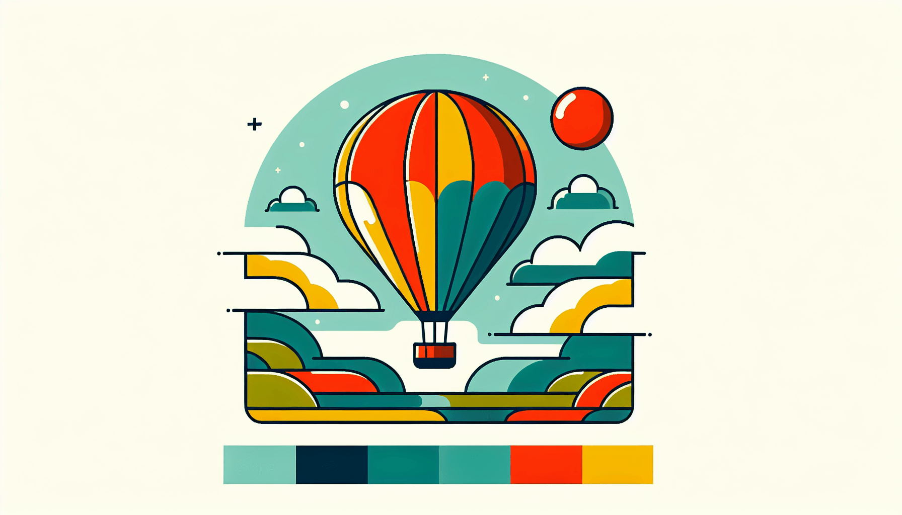 Hot air balloon in flat illustration style and white background, red #f47574, green #88c7a8, yellow #fcc44b, and blue #645bc8 colors.