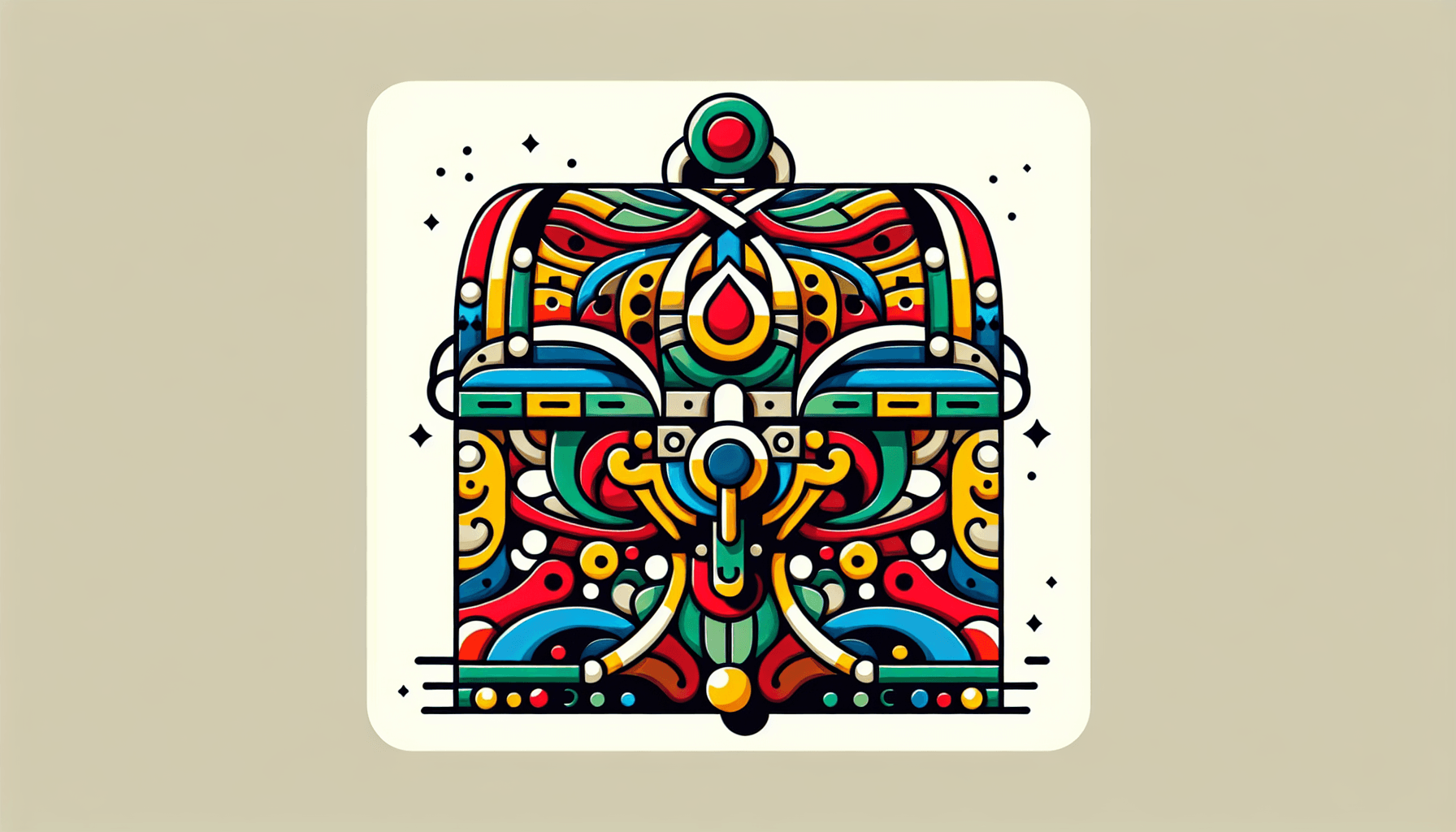 Treasure chest in flat illustration style and white background, red #f47574, green #88c7a8, yellow #fcc44b, and blue #645bc8 colors.