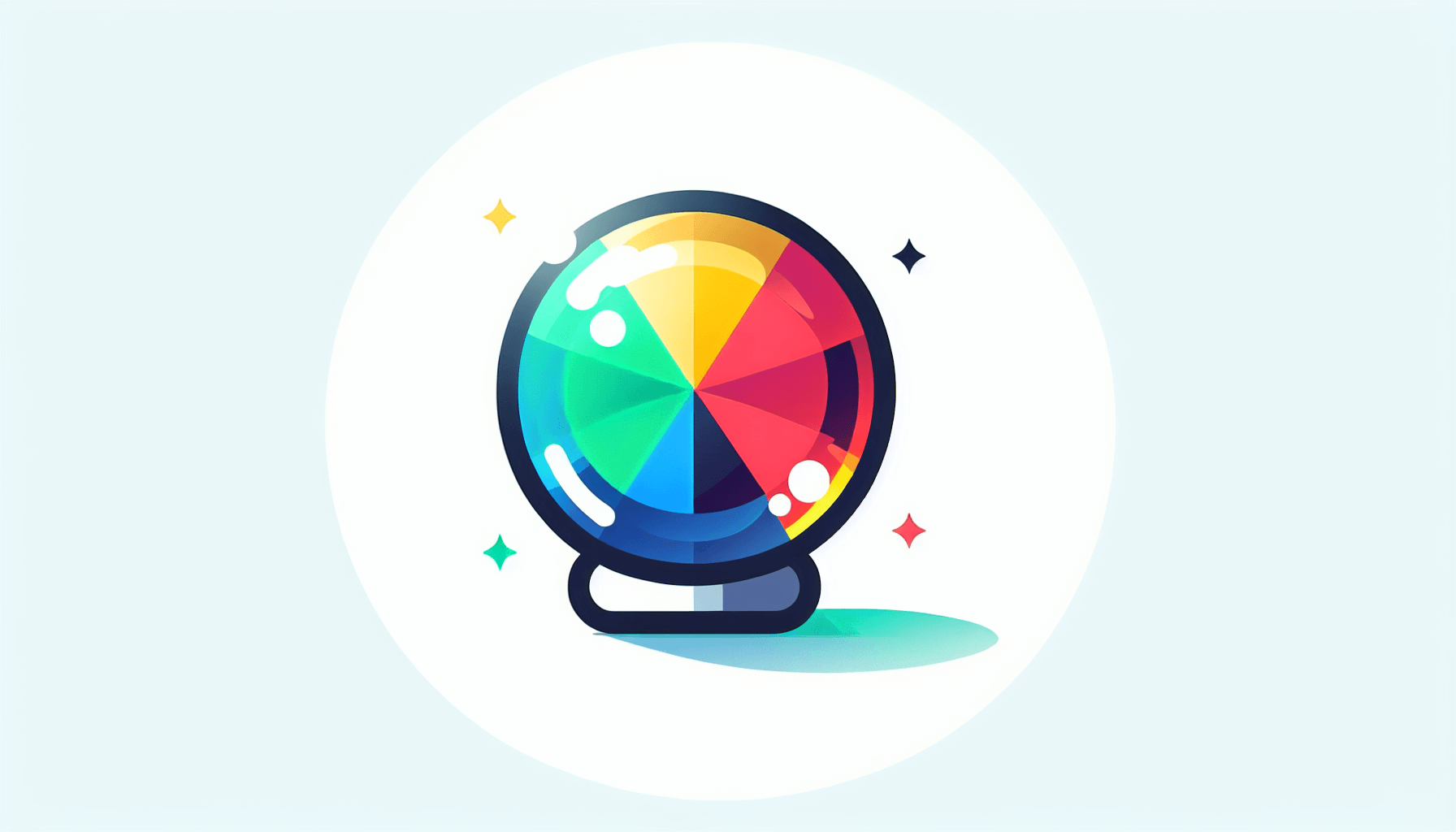 Crystal ball in flat illustration style and white background, red #f47574, green #88c7a8, yellow #fcc44b, and blue #645bc8 colors.