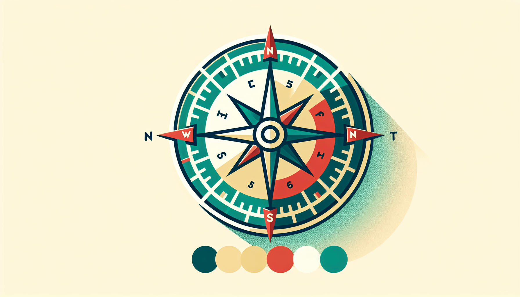 Compass in flat illustration style and white background, red #f47574, green #88c7a8, yellow #fcc44b, and blue #645bc8 colors.