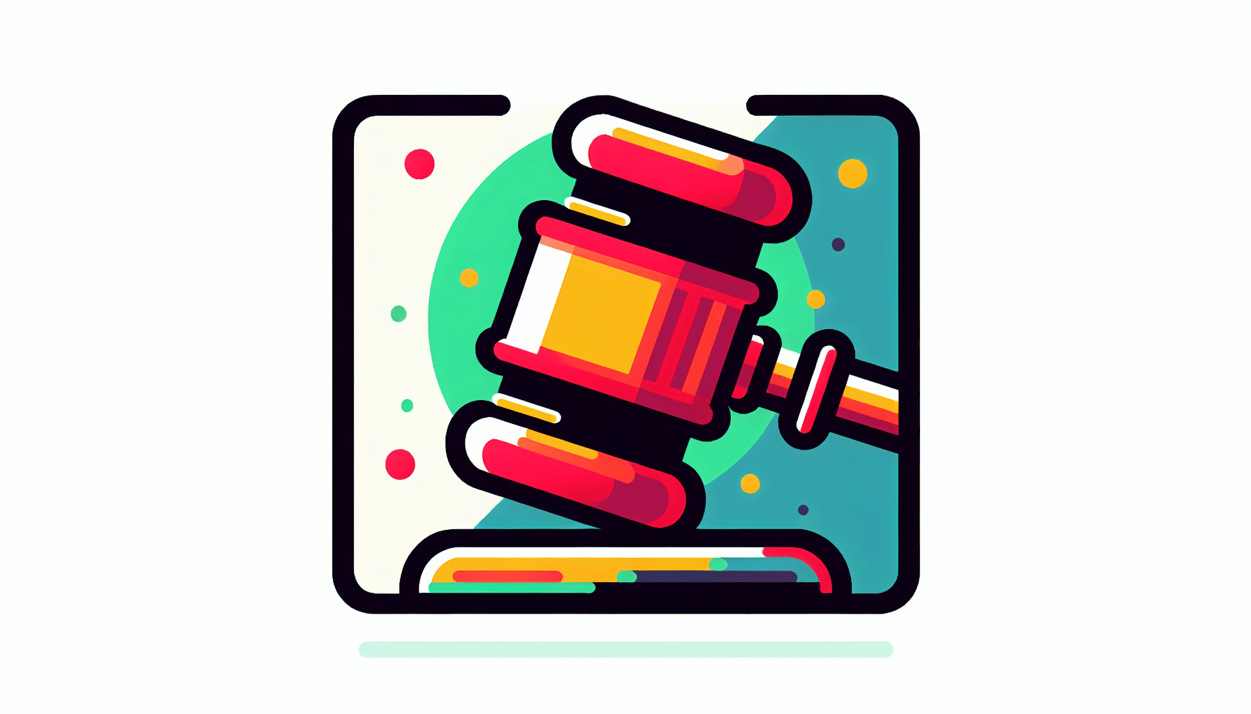 Mediation gavel in flat illustration style and white background, red #f47574, green #88c7a8, yellow #fcc44b, and blue #645bc8 colors.