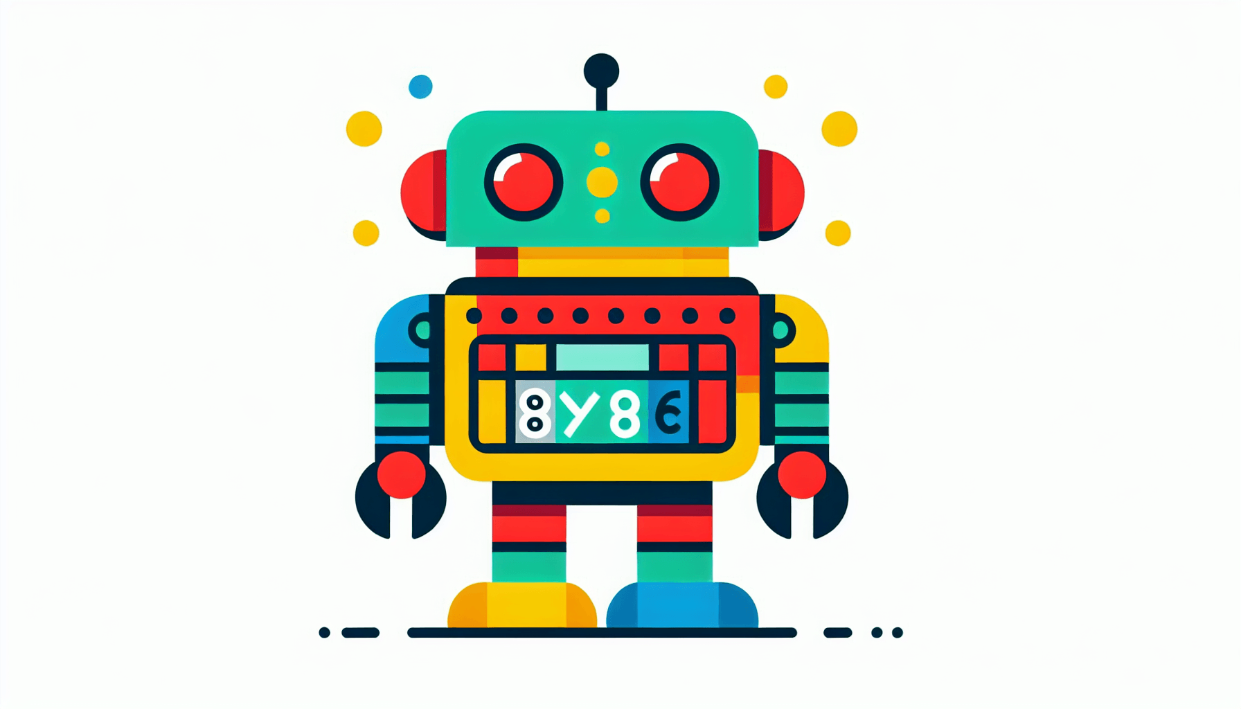 Robot in flat illustration style and white background, red #f47574, green #88c7a8, yellow #fcc44b, and blue #645bc8 colors.