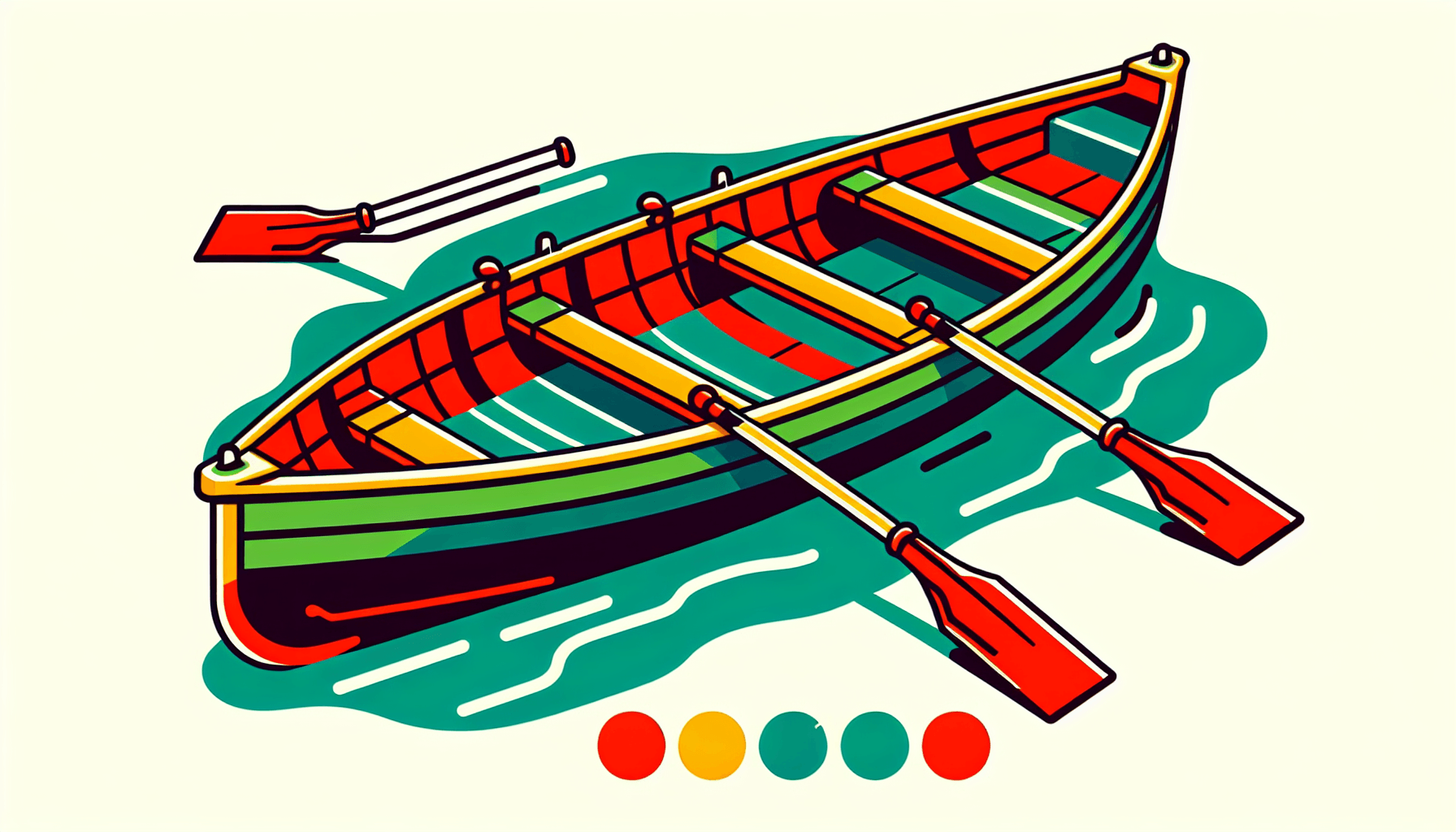 Rowboat in flat illustration style and white background, red #f47574, green #88c7a8, yellow #fcc44b, and blue #645bc8 colors.