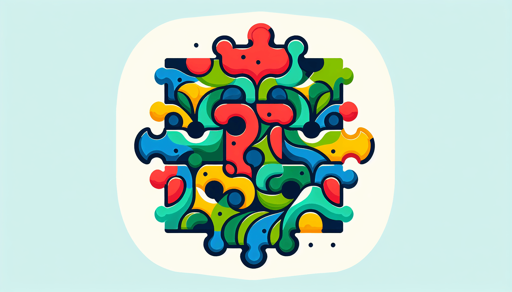 Puzzle in flat illustration style and white background, red #f47574, green #88c7a8, yellow #fcc44b, and blue #645bc8 colors.