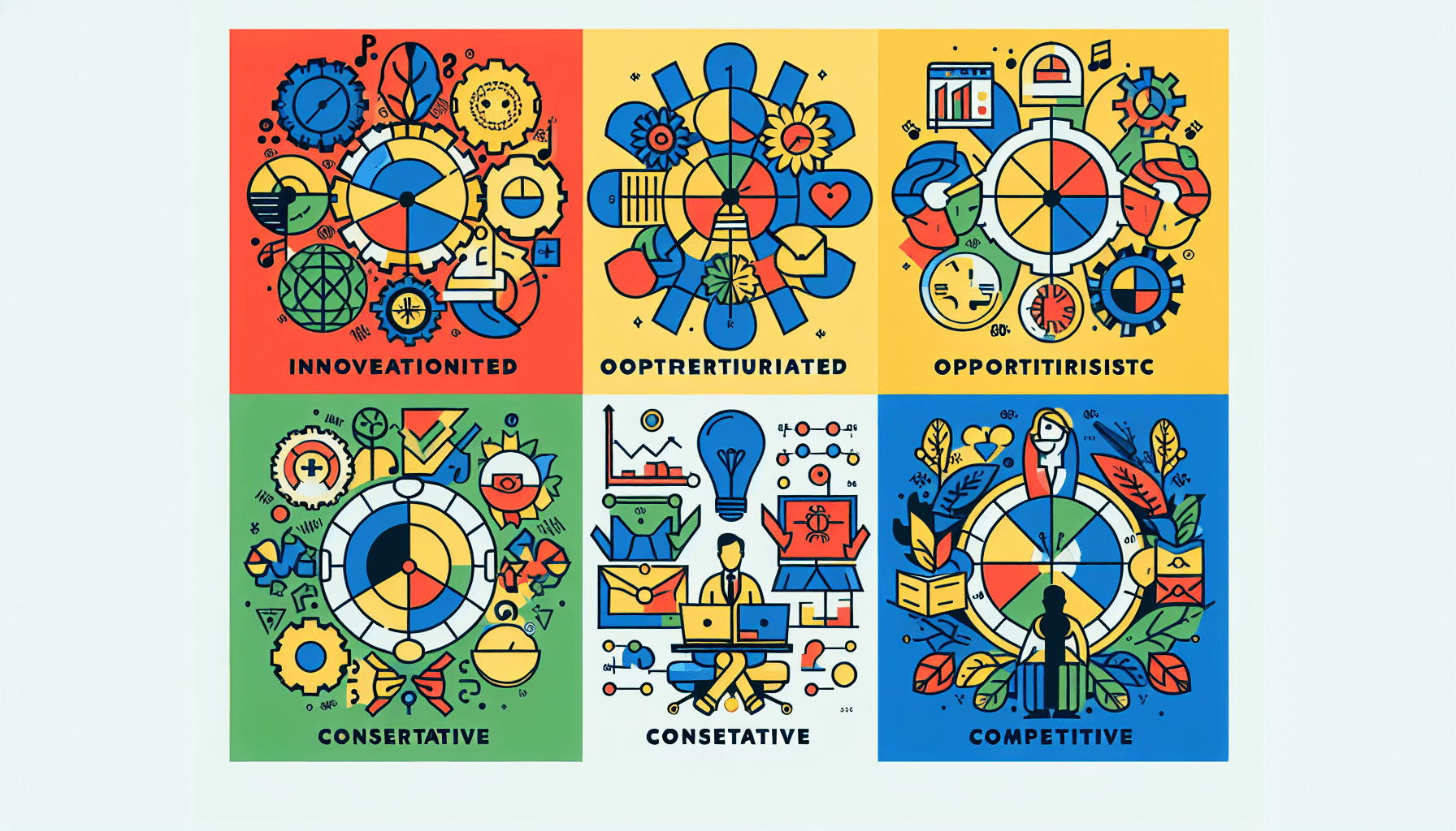 What are the different types of entrepreneurial culture? in flat illustration style and white background, red #f47574, green #88c7a8, yellow #fcc44b, and blue #645bc8 colors.