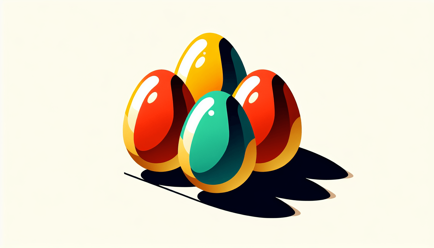 Golden eggs in flat illustration style and white background, red #f47574, green #88c7a8, yellow #fcc44b, and blue #645bc8 colors.