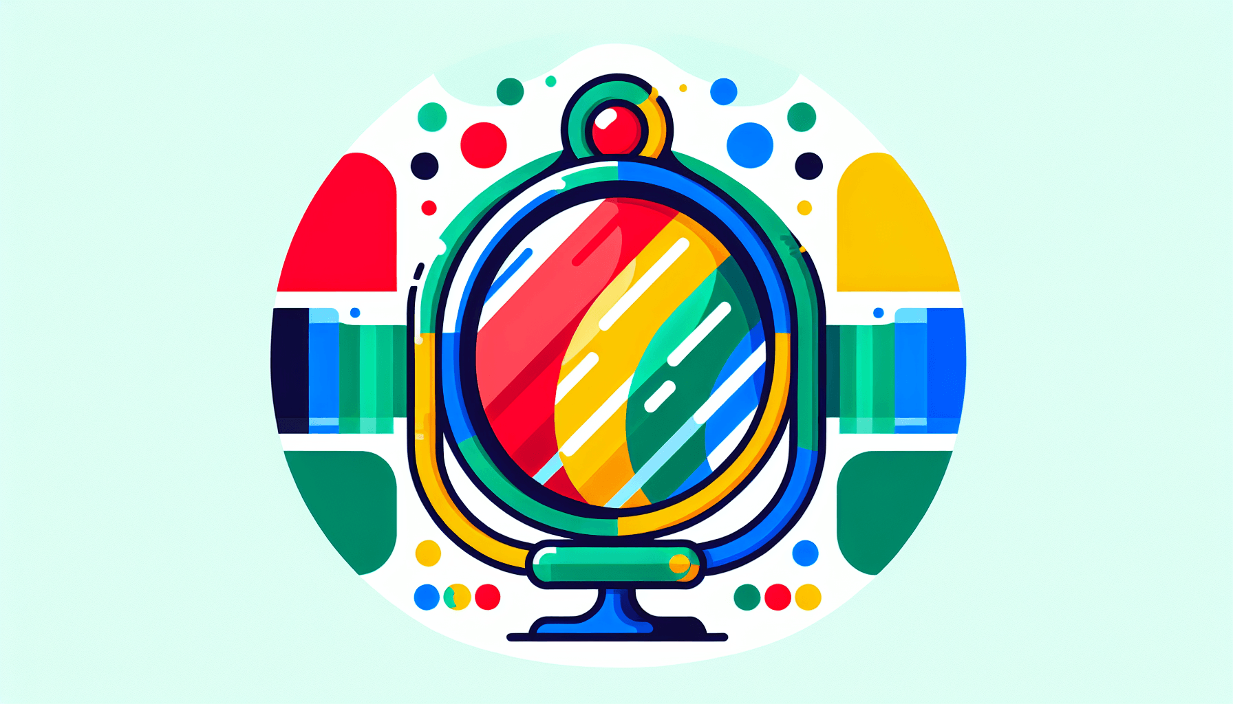 Mirror in flat illustration style and white background, red #f47574, green #88c7a8, yellow #fcc44b, and blue #645bc8 colors.