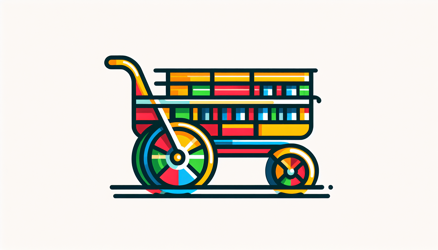 Wheeled cart in flat illustration style and white background, red #f47574, green #88c7a8, yellow #fcc44b, and blue #645bc8 colors.