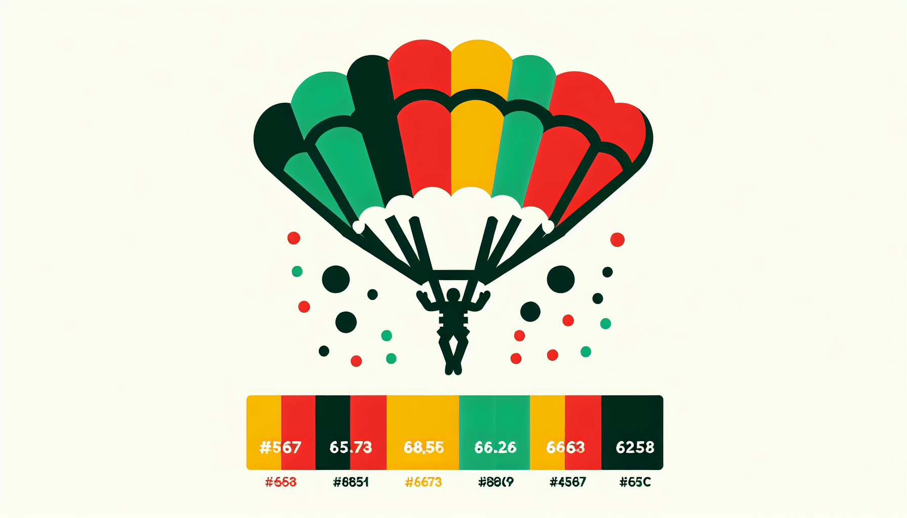 Skydiving parachute in flat illustration style and white background, red #f47574, green #88c7a8, yellow #fcc44b, and blue #645bc8 colors.