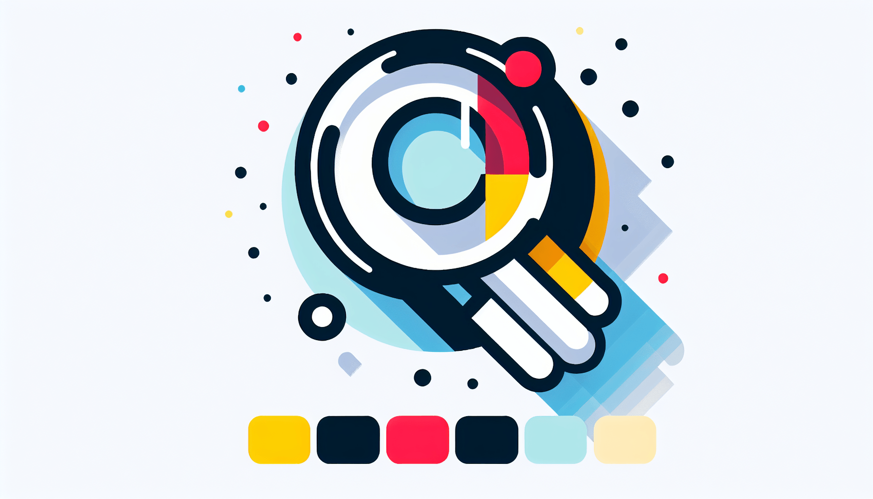 Magnifying glass in flat illustration style and white background, red #f47574, green #88c7a8, yellow #fcc44b, and blue #645bc8 colors.