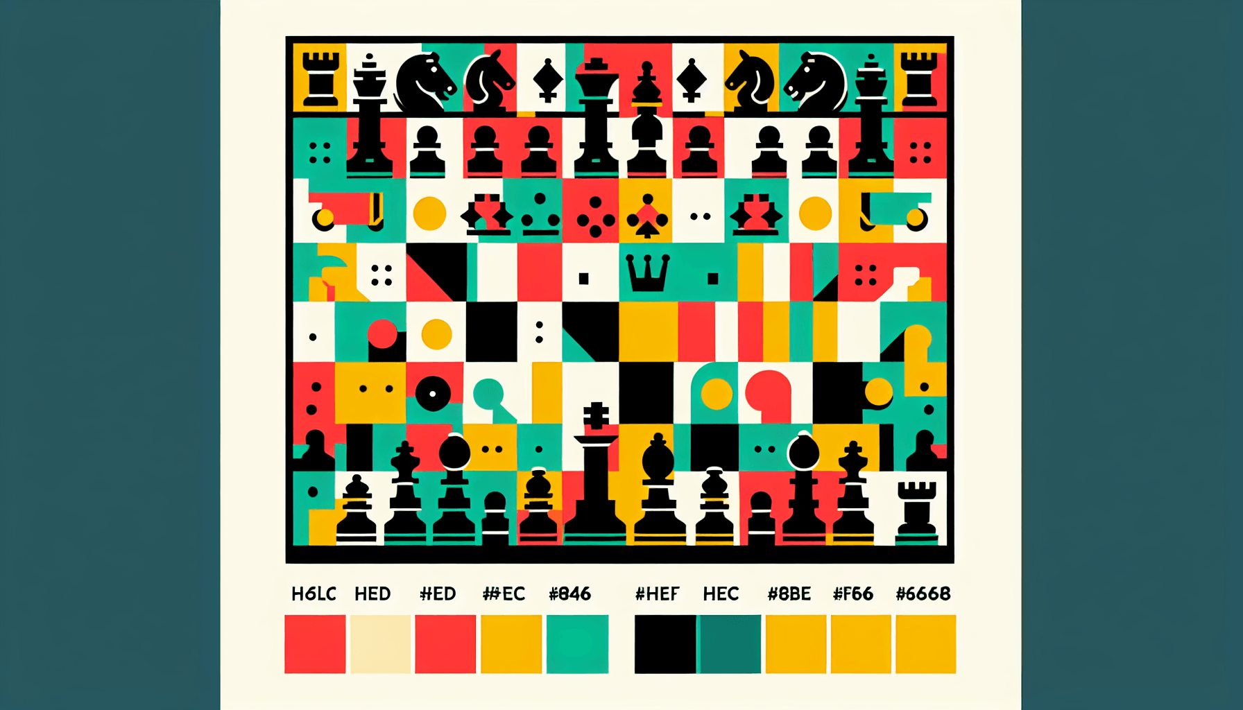Chessboard in flat illustration style and white background, red #f47574, green #88c7a8, yellow #fcc44b, and blue #645bc8 colors.