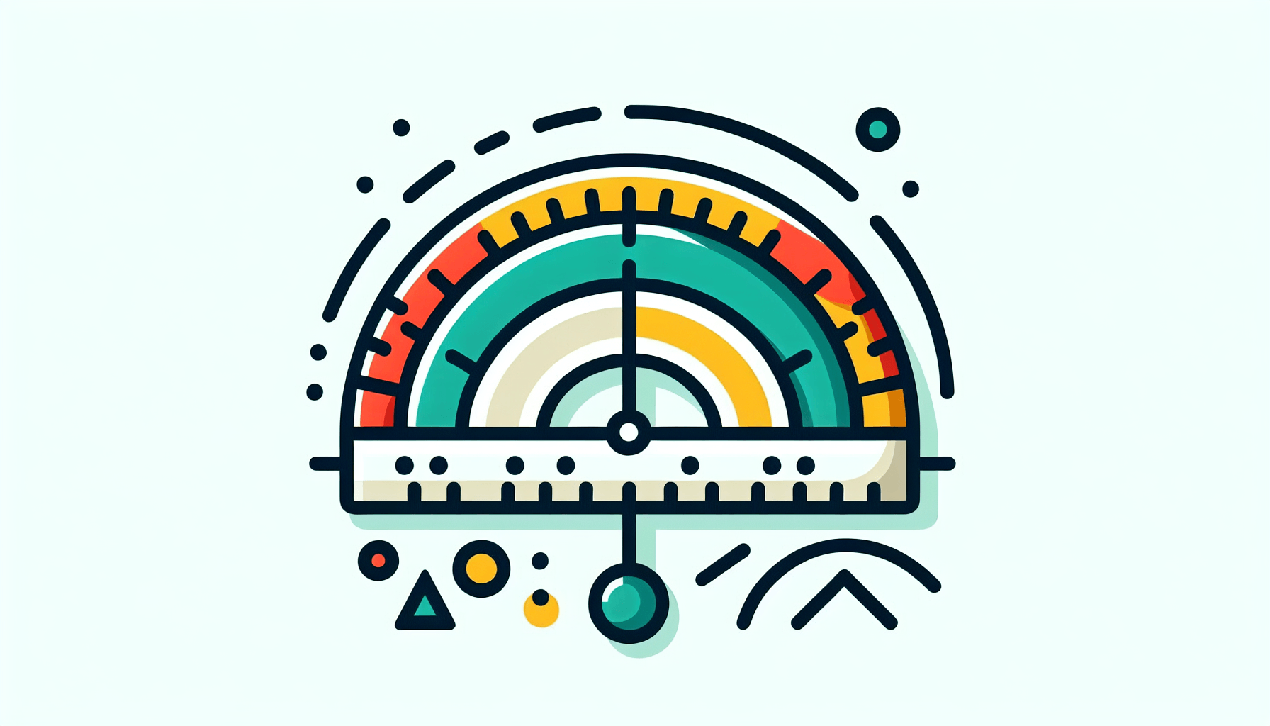 Protractor in flat illustration style and white background, red #f47574, green #88c7a8, yellow #fcc44b, and blue #645bc8 colors.