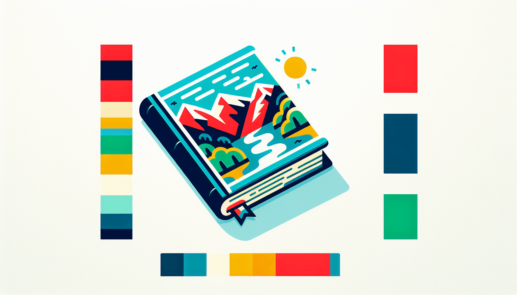 Guidebook in flat illustration style and white background, red #f47574, green #88c7a8, yellow #fcc44b, and blue #645bc8 colors.