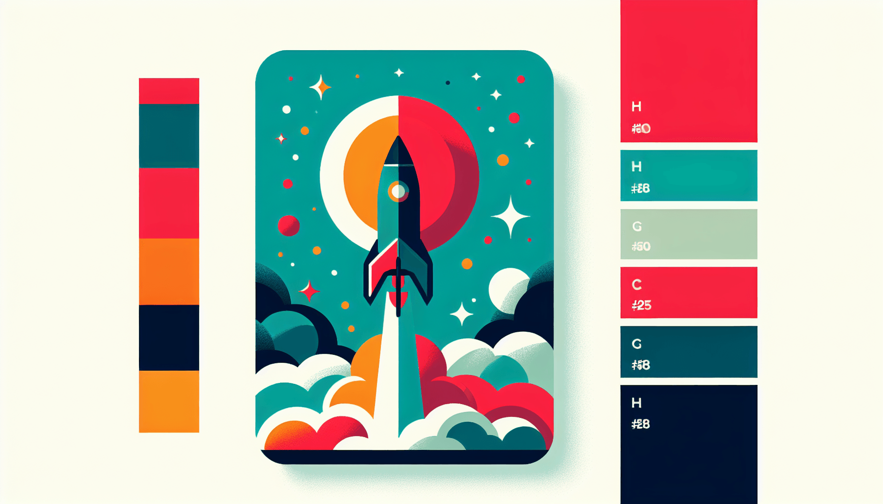 Rocket in flat illustration style and white background, red #f47574, green #88c7a8, yellow #fcc44b, and blue #645bc8 colors.