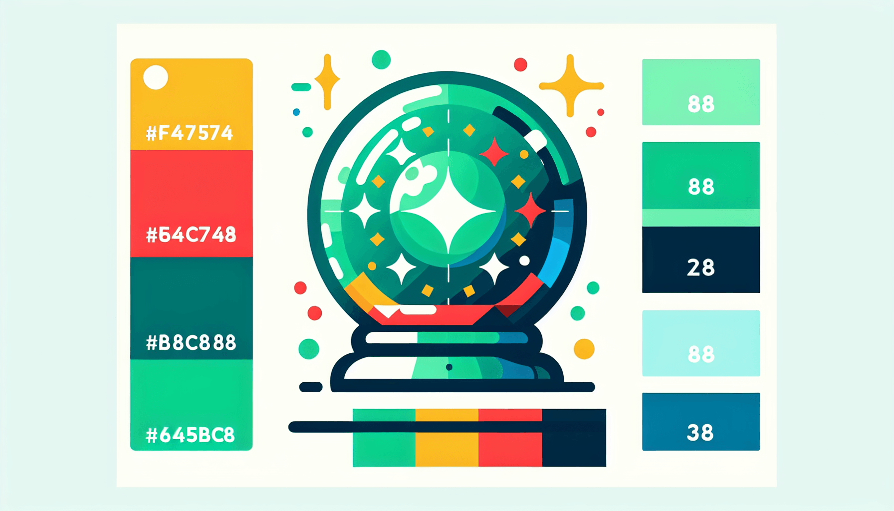 Crystal ball in flat illustration style and white background, red #f47574, green #88c7a8, yellow #fcc44b, and blue #645bc8 colors.
