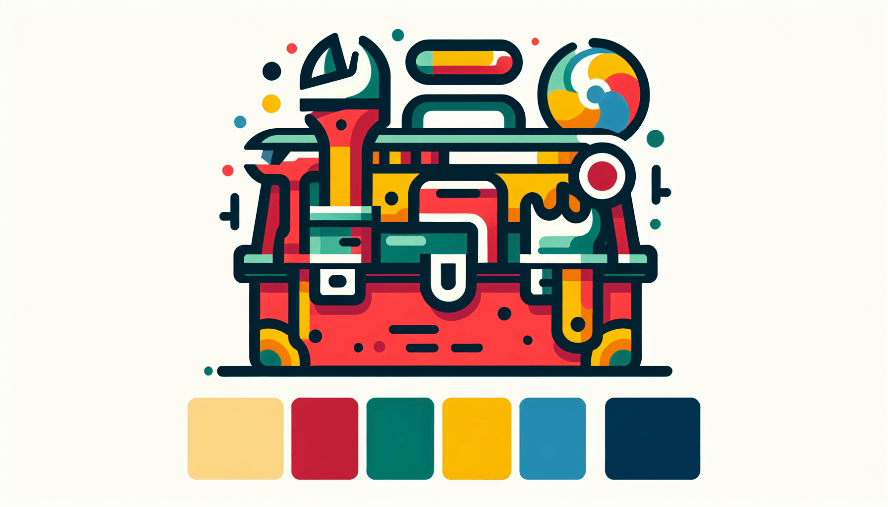 Toolbox in flat illustration style and white background, red #f47574, green #88c7a8, yellow #fcc44b, and blue #645bc8 colors.
