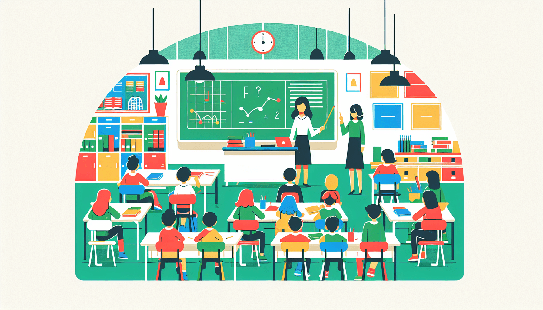 Classroom in flat illustration style and white background, red #f47574, green #88c7a8, yellow #fcc44b, and blue #645bc8 colors.