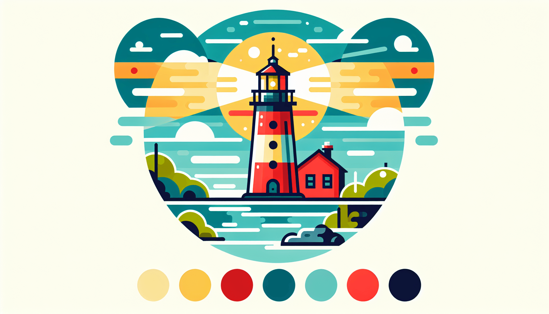 Lighthouse in flat illustration style and white background, red #f47574, green #88c7a8, yellow #fcc44b, and blue #645bc8 colors.