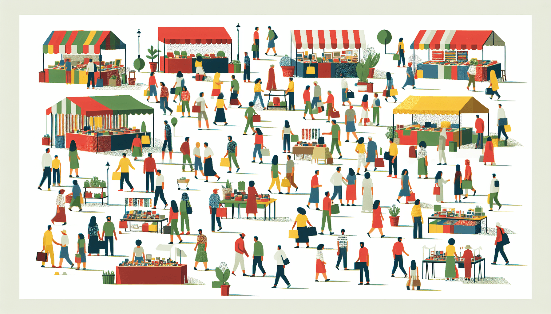 Swap meet in flat illustration style and white background, red #f47574, green #88c7a8, yellow #fcc44b, and blue #645bc8 colors.