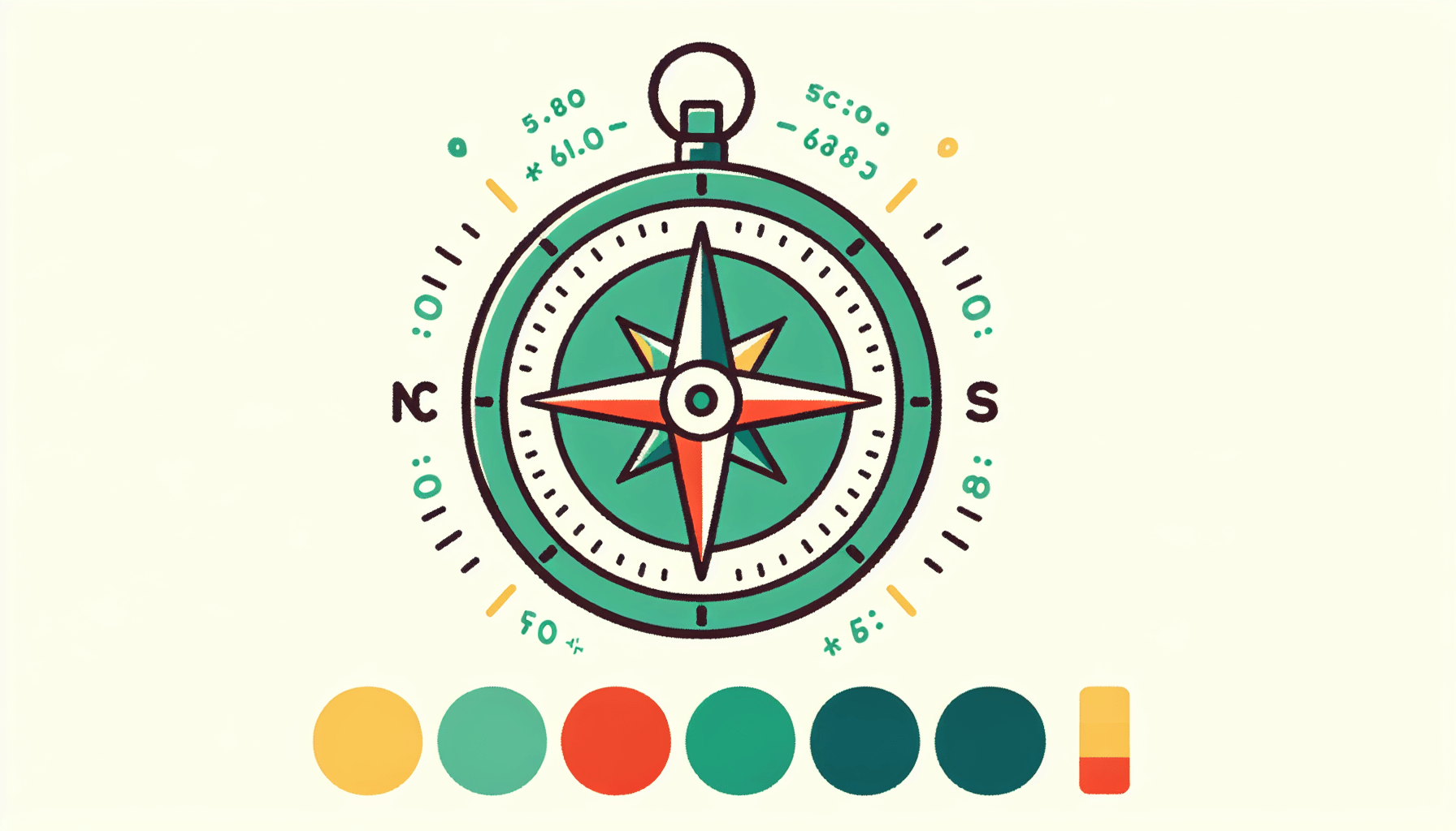 Compass in flat illustration style and white background, red #f47574, green #88c7a8, yellow #fcc44b, and blue #645bc8 colors.