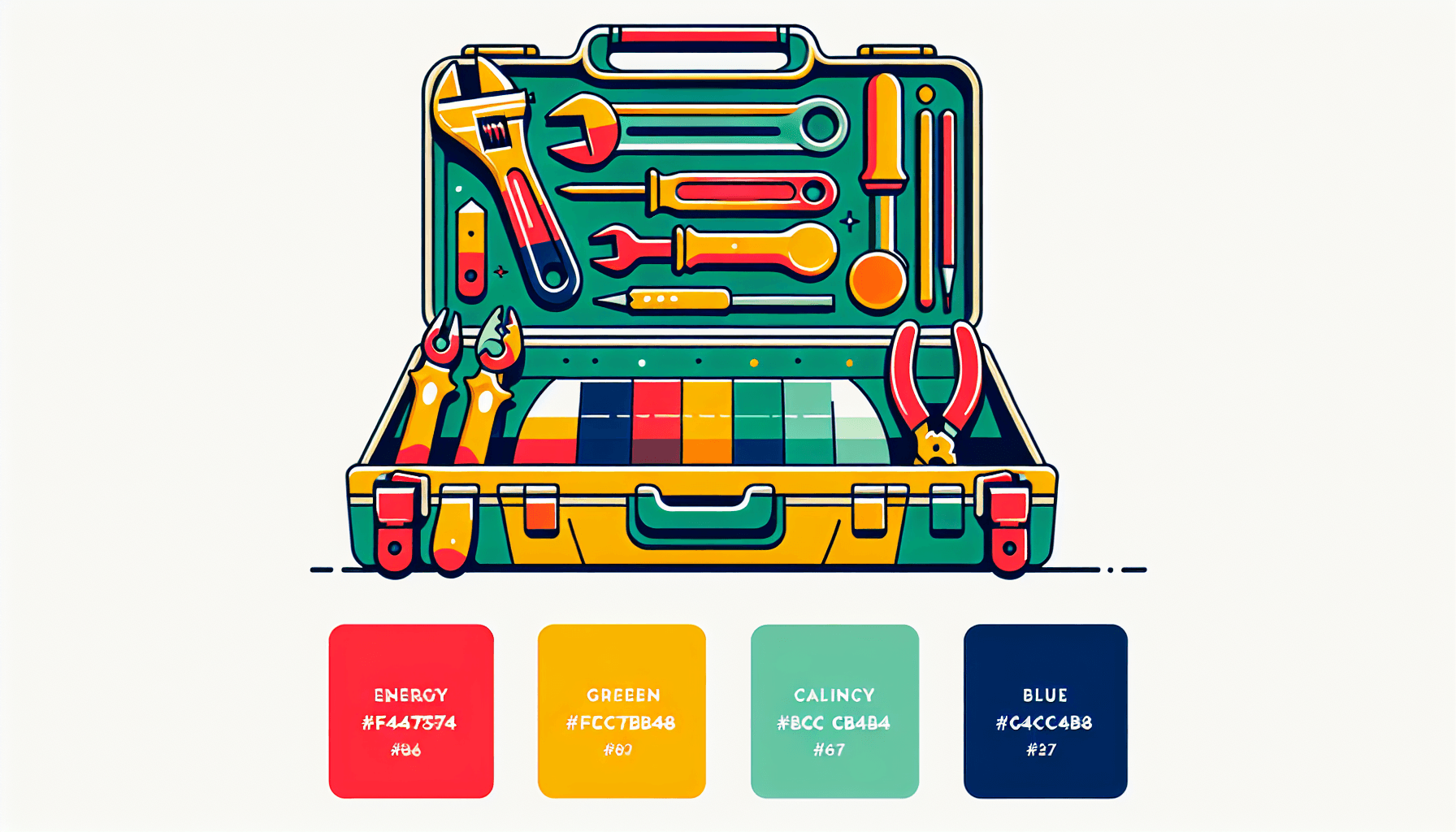 Toolkit in flat illustration style and white background, red #f47574, green #88c7a8, yellow #fcc44b, and blue #645bc8 colors.