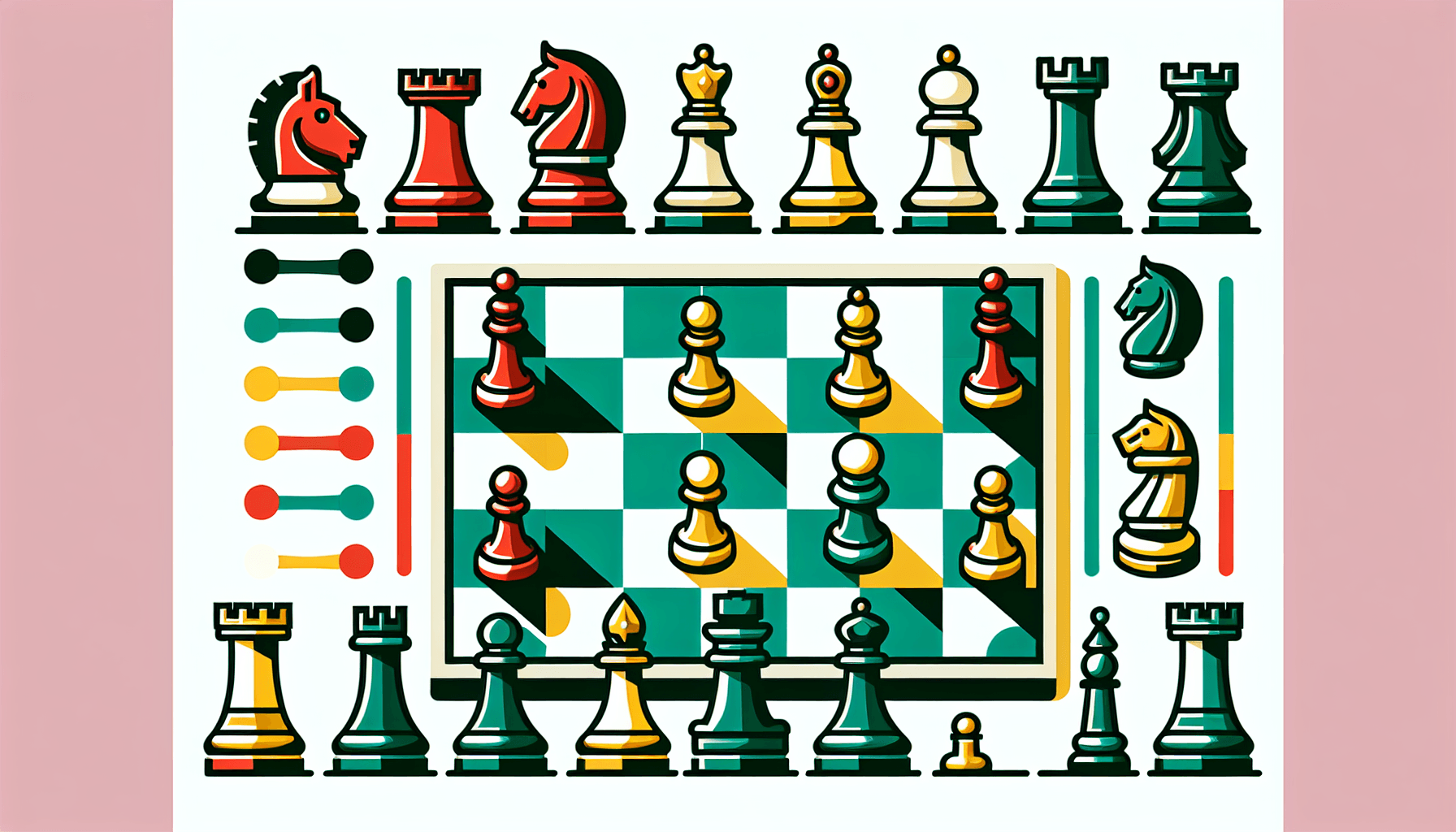 Chessboard in flat illustration style and white background, red #f47574, green #88c7a8, yellow #fcc44b, and blue #645bc8 colors.