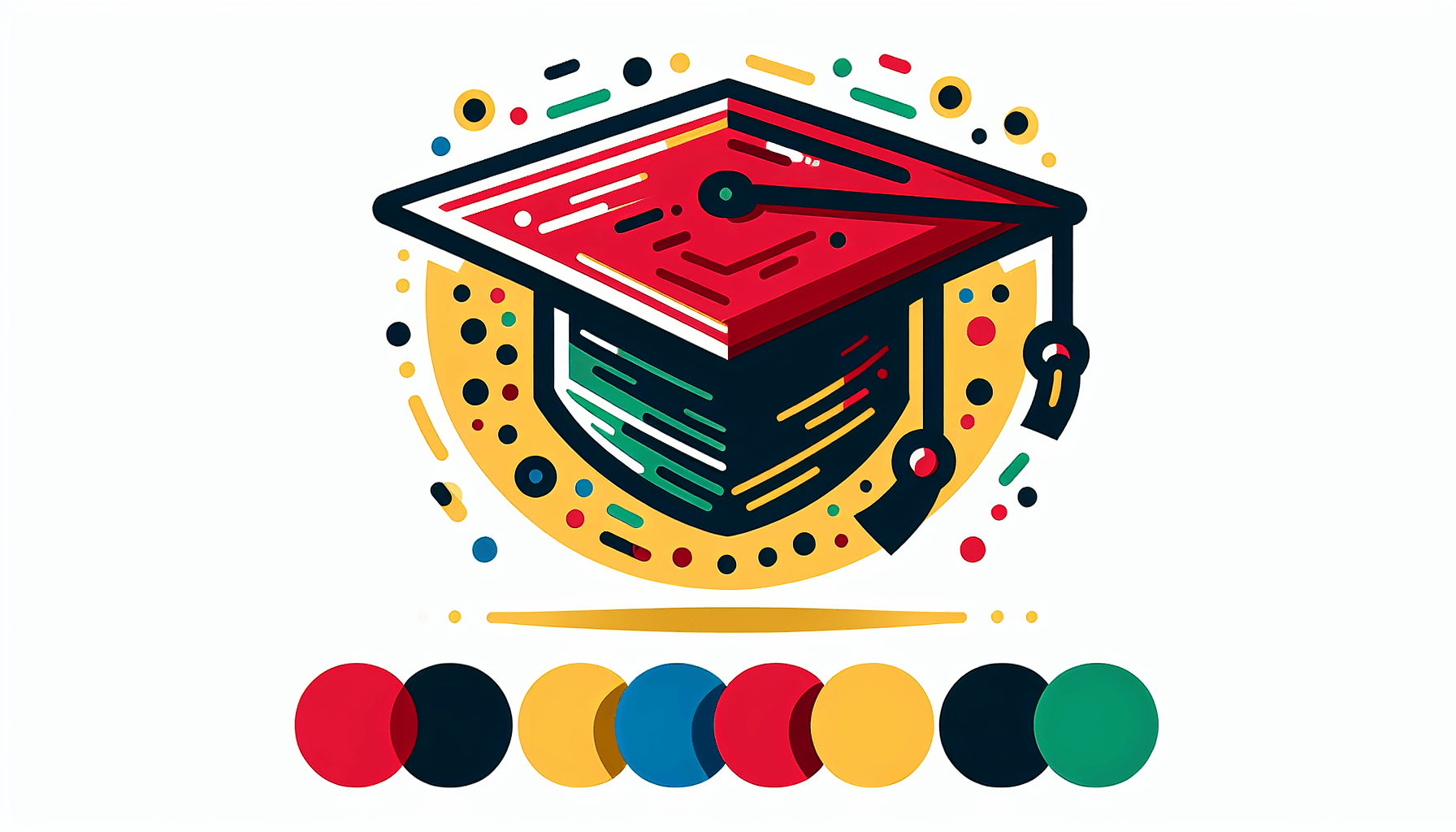 Mortarboard in flat illustration style and white background, red #f47574, green #88c7a8, yellow #fcc44b, and blue #645bc8 colors.