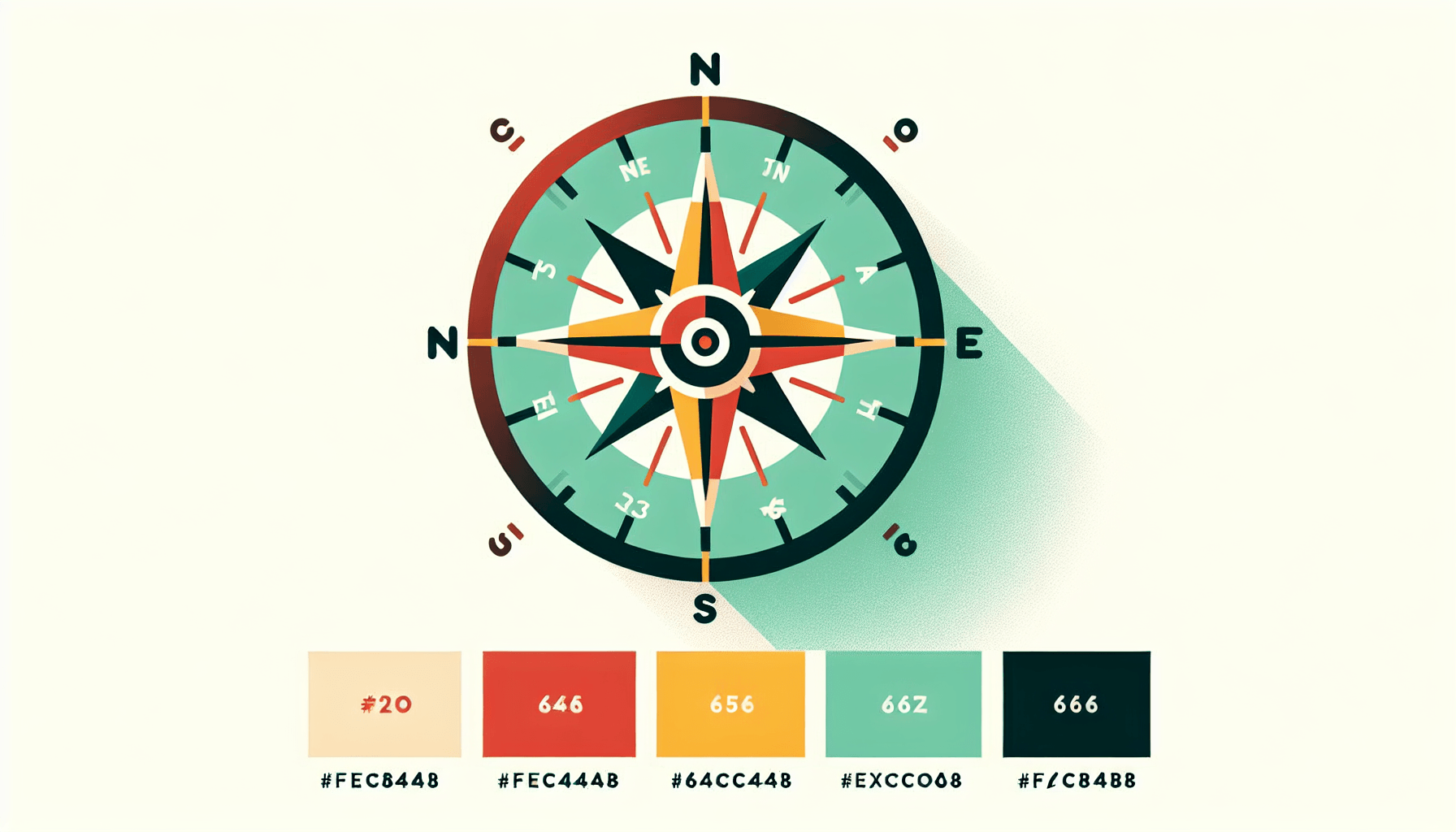 Compass in flat illustration style and white background, red #f47574, green #88c7a8, yellow #fcc44b, and blue #645bc8 colors.