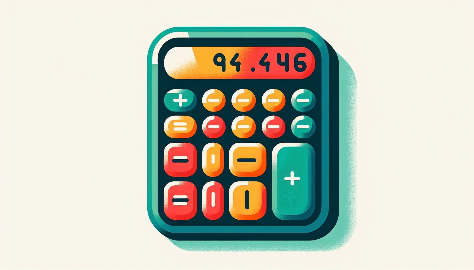 Calculator in flat illustration style and white background, red #f47574, green #88c7a8, yellow #fcc44b, and blue #645bc8 colors.
