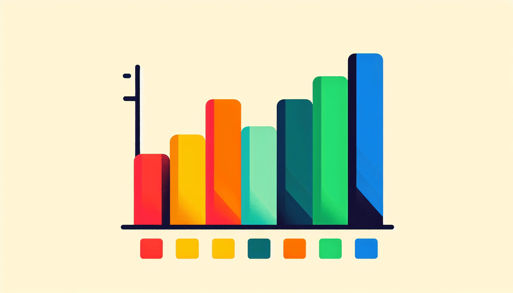 Bar chart in flat illustration style and white background, red #f47574, green #88c7a8, yellow #fcc44b, and blue #645bc8 colors.