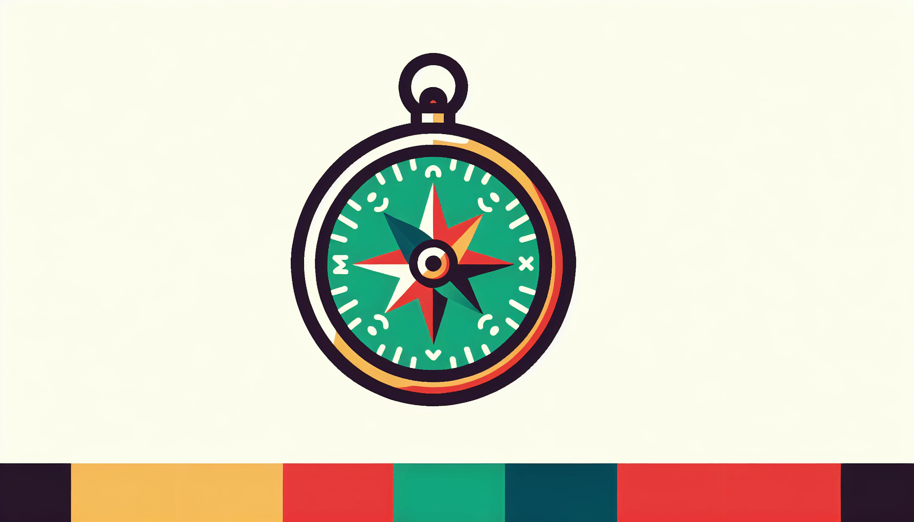 Compass in flat illustration style and white background, red #f47574, green #88c7a8, yellow #fcc44b, and blue #645bc8 colors.