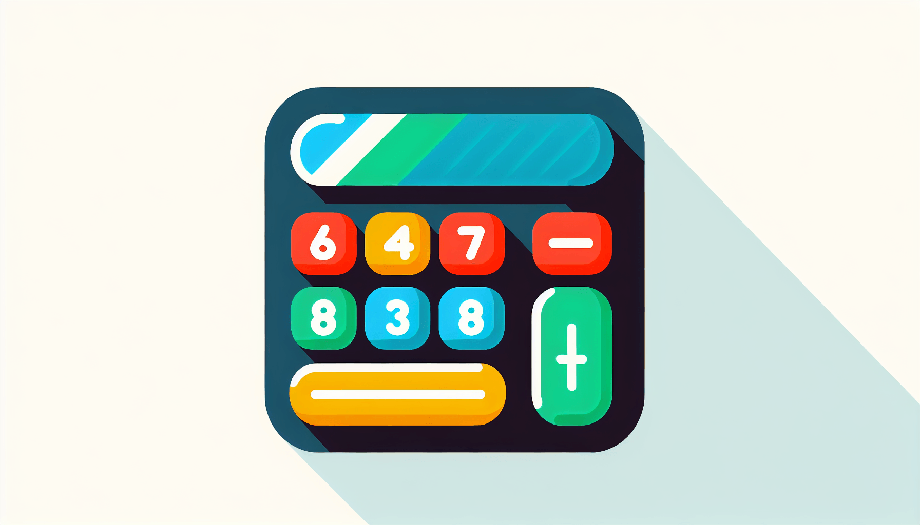 Calculator in flat illustration style and white background, red #f47574, green #88c7a8, yellow #fcc44b, and blue #645bc8 colors.
