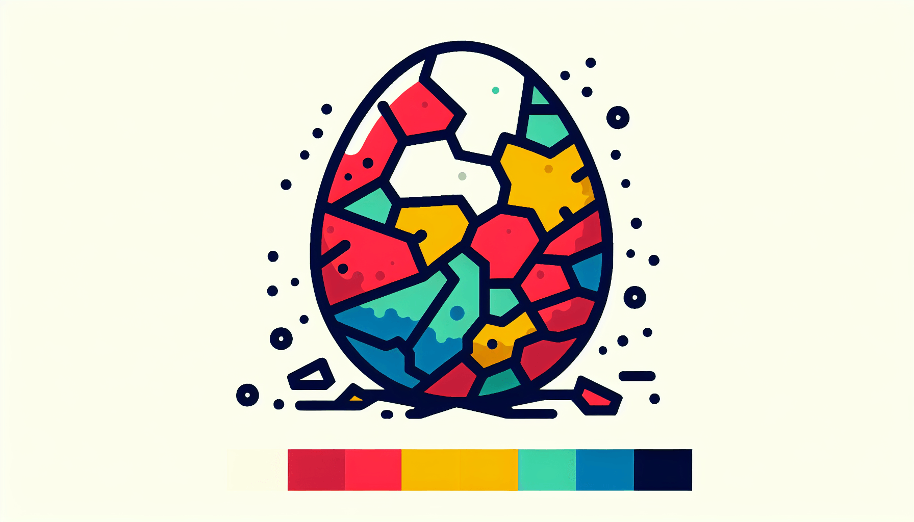 Cracked egg in flat illustration style and white background, red #f47574, green #88c7a8, yellow #fcc44b, and blue #645bc8 colors.