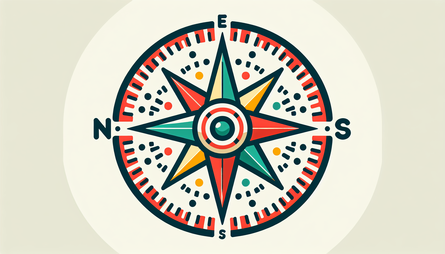 Compass in flat illustration style and white background, red #f47574, green #88c7a8, yellow #fcc44b, and blue #645bc8 colors.