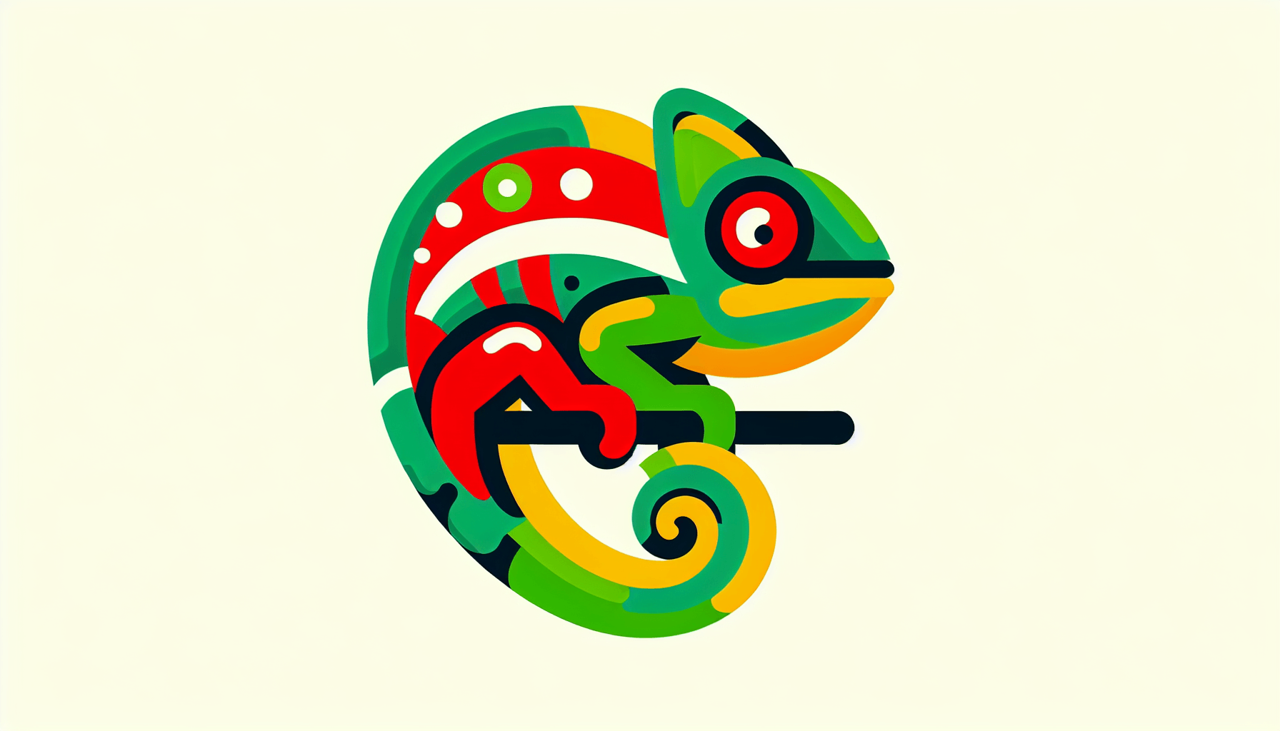 Chameleon in flat illustration style and white background, red #f47574, green #88c7a8, yellow #fcc44b, and blue #645bc8 colors.