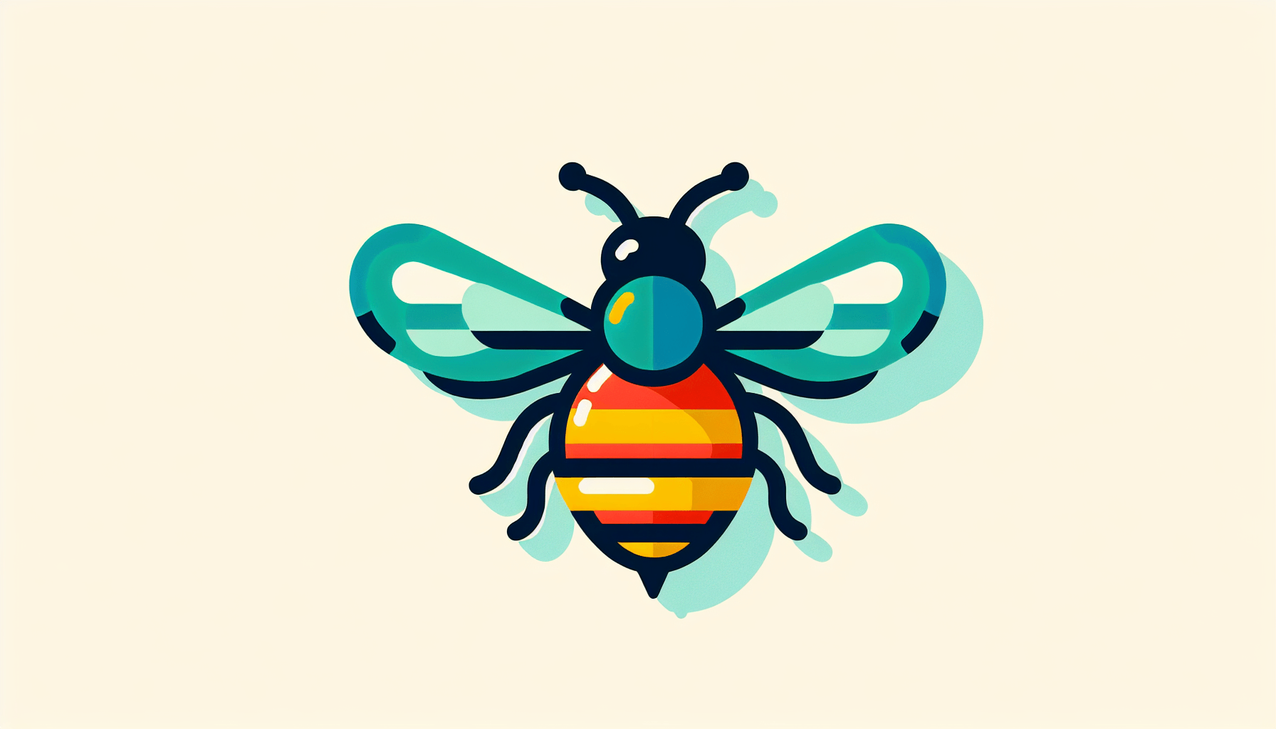 Bee in flat illustration style and white background, red #f47574, green #88c7a8, yellow #fcc44b, and blue #645bc8 colors.