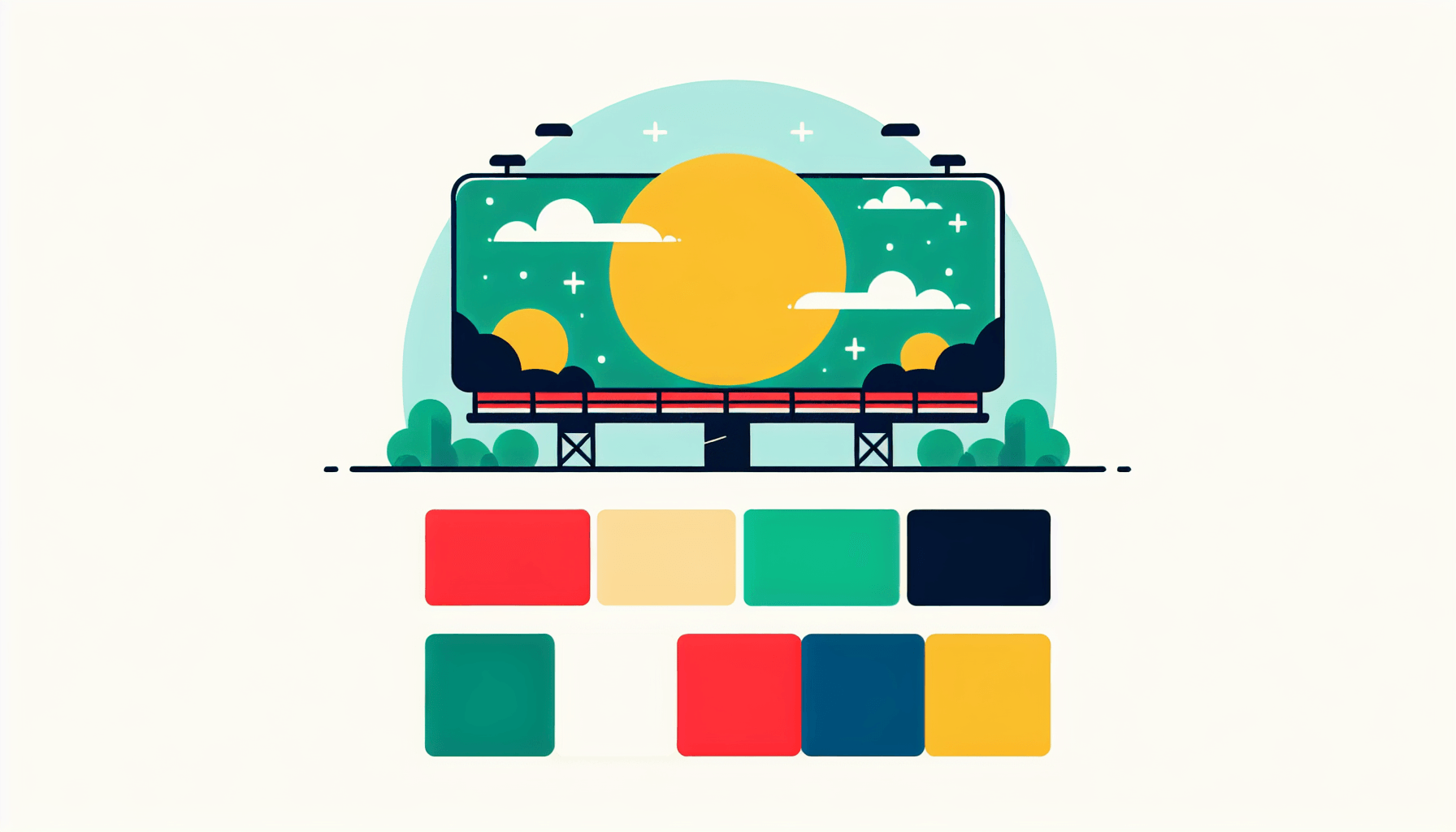 Billboard in flat illustration style and white background, red #f47574, green #88c7a8, yellow #fcc44b, and blue #645bc8 colors.