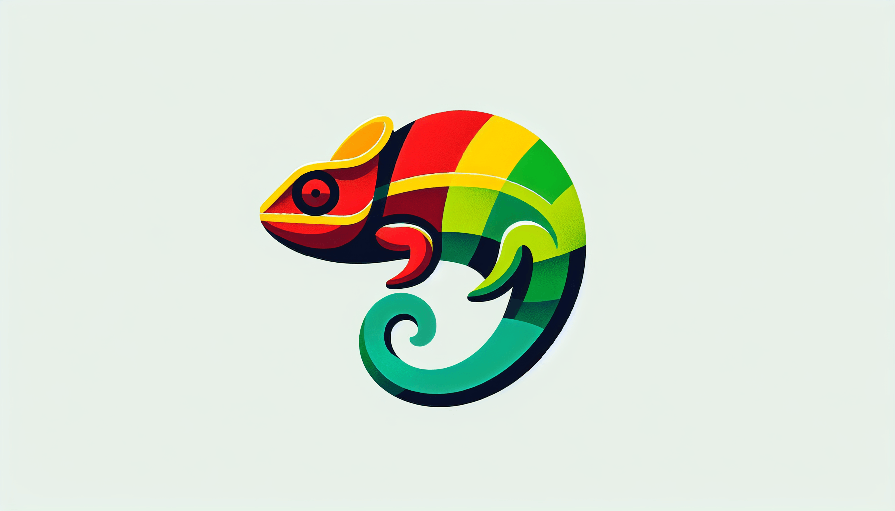 Chameleon in flat illustration style and white background, red #f47574, green #88c7a8, yellow #fcc44b, and blue #645bc8 colors.