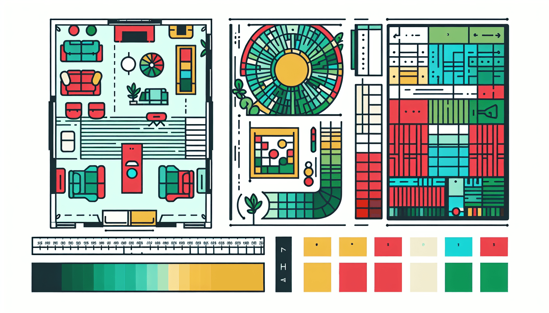 Blueprint in flat illustration style and white background, red #f47574, green #88c7a8, yellow #fcc44b, and blue #645bc8 colors.