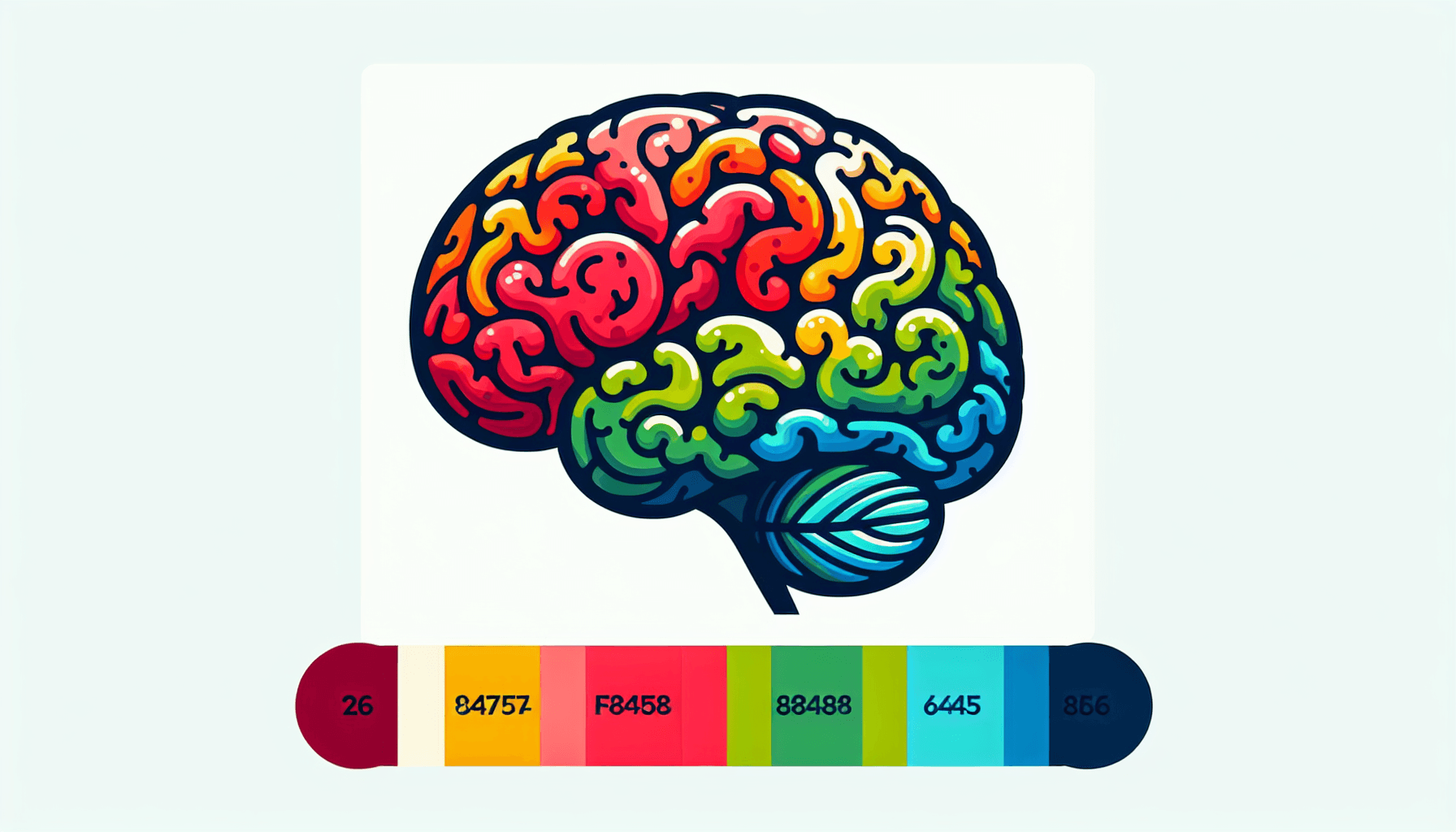 Brain in flat illustration style and white background, red #f47574, green #88c7a8, yellow #fcc44b, and blue #645bc8 colors.