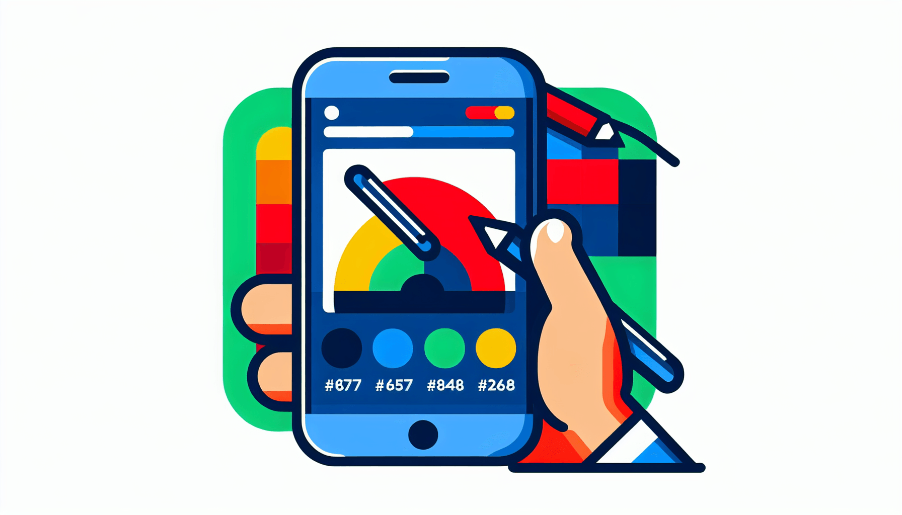 Phone in flat illustration style and white background, red #f47574, green #88c7a8, yellow #fcc44b, and blue #645bc8 colors.