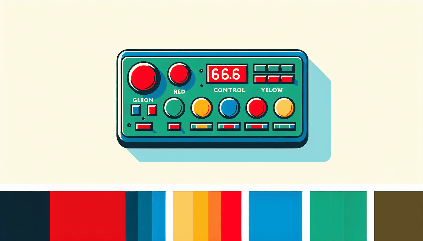 Control panel in flat illustration style and white background, red #f47574, green #88c7a8, yellow #fcc44b, and blue #645bc8 colors.